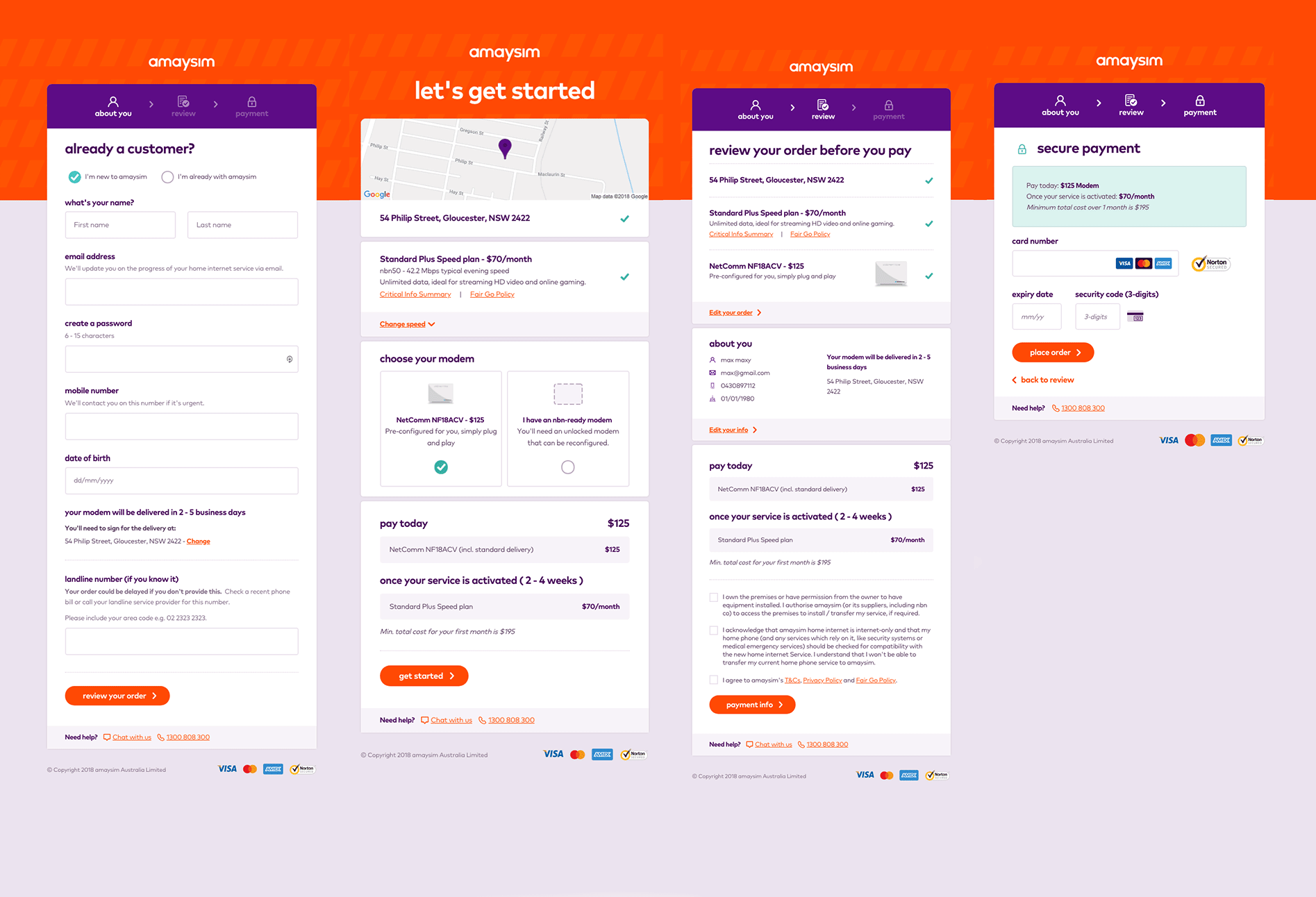 Image shows the four sales funnel screens to purchase amaysim NBN. From left to right, First is the about you screen, if someone is an existing customer they can login here, next screen is the build page where they select if they want to buy a modem or BYO, the third screen is the review screen, which outlines everything they are about to pay for. The last screen is the payment screen.