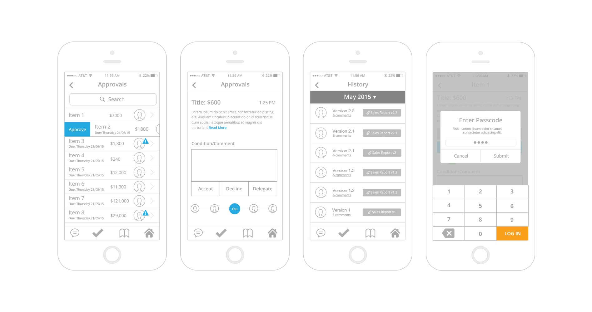 Low Fi wireframes of the mobile UI